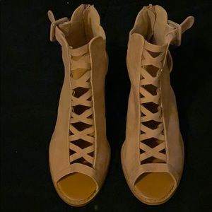 Tan lace front heeled sandal